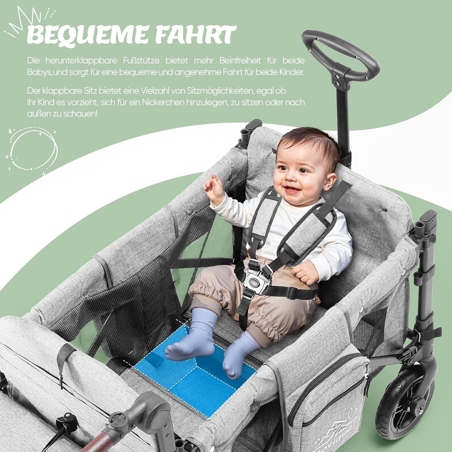 Opvouwbare bolderkar met dak, premium bolderkar voor 2 kinderen, dubbele kinderwagen, handwagen met dak, snackdienblad, 5-punts riem, voor terreingebruik PU-wielen, transportwagen, trekken en duwen