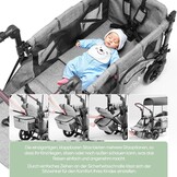 Opvouwbare bolderkar met dak, premium bolderkar voor 2 kinderen, dubbele kinderwagen, handwagen met dak, snackdienblad, 5-punts riem, voor terreingebruik PU-wielen, transportwagen, trekken en duwen