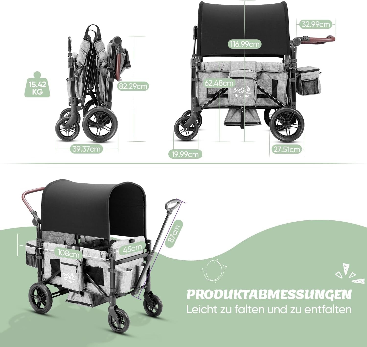 Opvouwbare bolderkar met dak, premium bolderkar voor 2 kinderen, dubbele kinderwagen, handwagen met dak, snackdienblad, 5-punts riem, voor terreingebruik PU-wielen, transportwagen, trekken en duwen