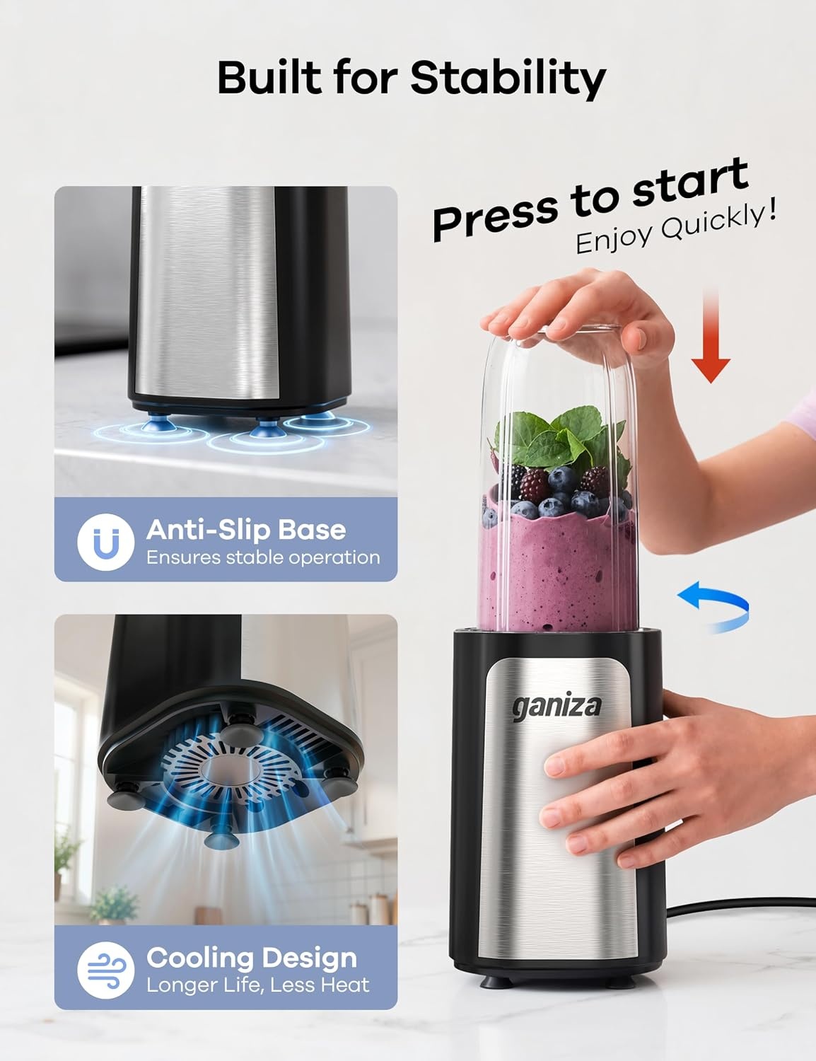 Ganiza Mixer 900W: Compacte Blender met 3 Bekers, 58% Korting