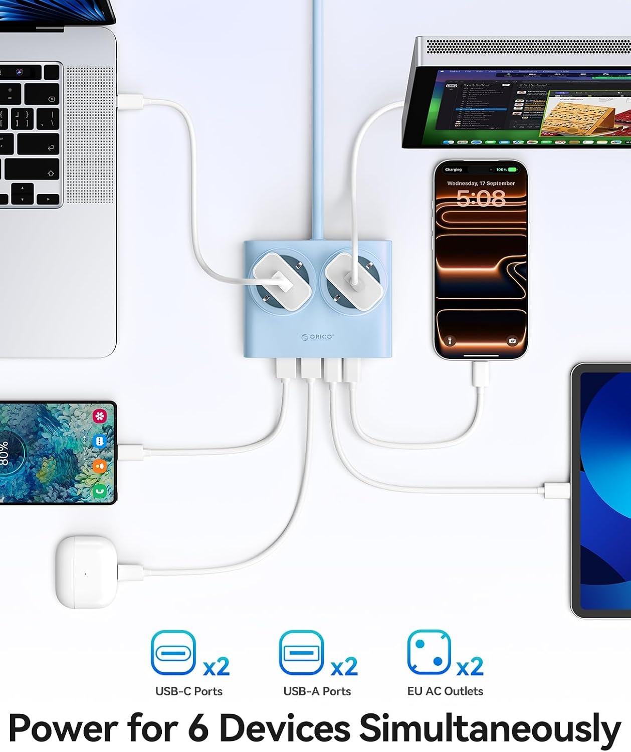 ORICO GaN PowerBrick 25W: Platte Stekkerdoos Blauw, 2x Stopcontact, 4x USB - 52% Korting!