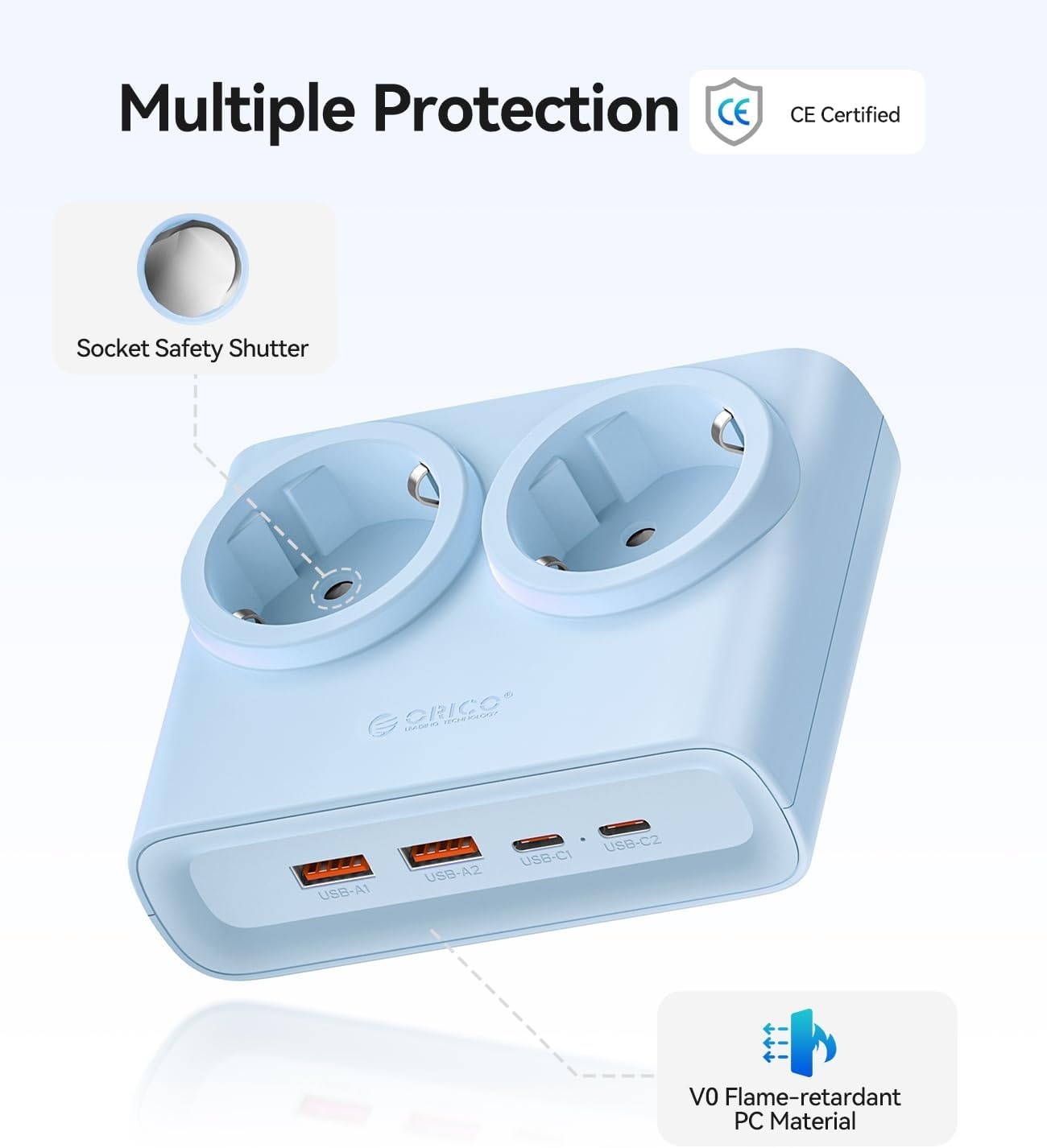 ORICO GaN PowerBrick 25W: Platte Stekkerdoos Blauw, 2x Stopcontact, 4x USB - 52% Korting!