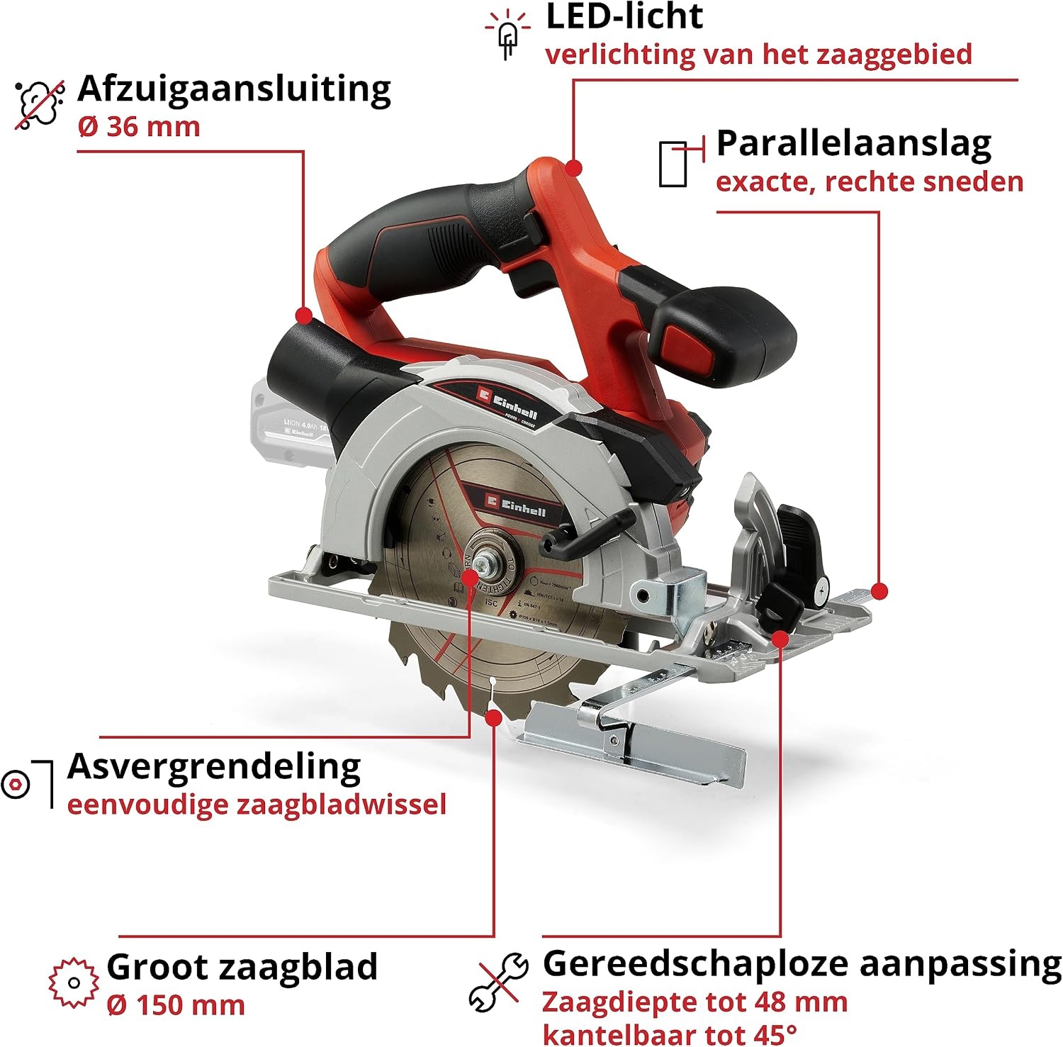 Einhell Accu-handcirkelzaag TE-CS 18/150 Li-Solo - Rood/Zwart