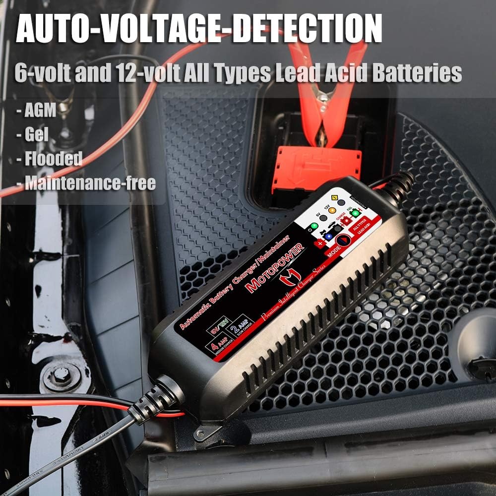 MOTOPOWER MP00207-FR 6 V/12 V 4 AMP Intelligente oplader, volautomatisch, met batterijherstelmodus