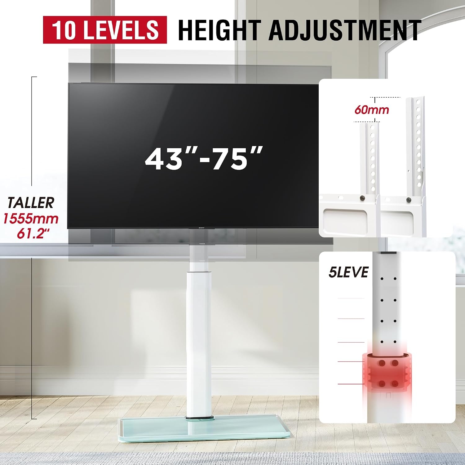 AOKCOS TV Standaard Vloer Draaibaar voor 42-55 65 75 85 inch, Kantelbaar Hoogte Verstelbaar TV Stand Mount, Universeel Vloerstandaard Hoog Max VESA 600x400mm 50kg