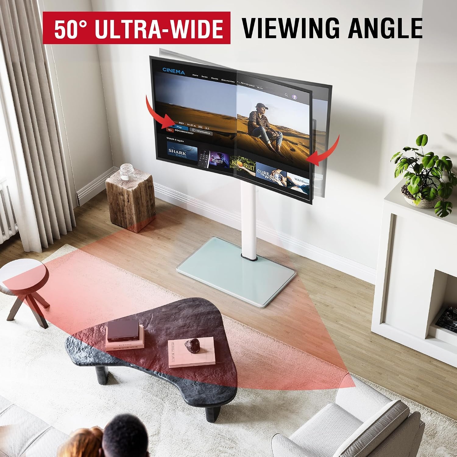 AOKCOS TV Standaard Vloer Draaibaar voor 42-55 65 75 85 inch, Kantelbaar Hoogte Verstelbaar TV Stand Mount, Universeel Vloerstandaard Hoog Max VESA 600x400mm 50kg