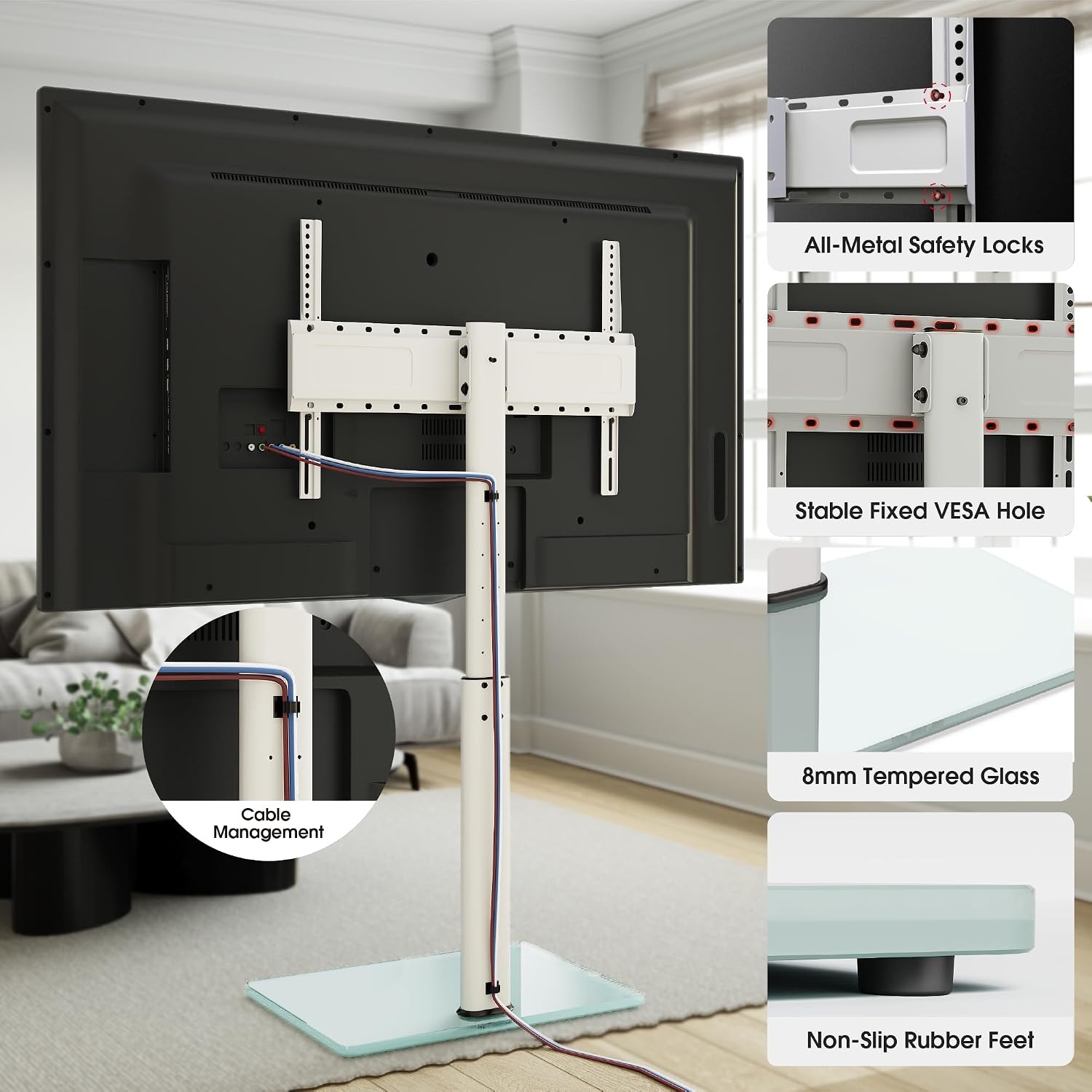 AOKCOS TV Standaard Vloer Draaibaar voor 42-55 65 75 85 inch, Kantelbaar Hoogte Verstelbaar TV Stand Mount, Universeel Vloerstandaard Hoog Max VESA 600x400mm 50kg