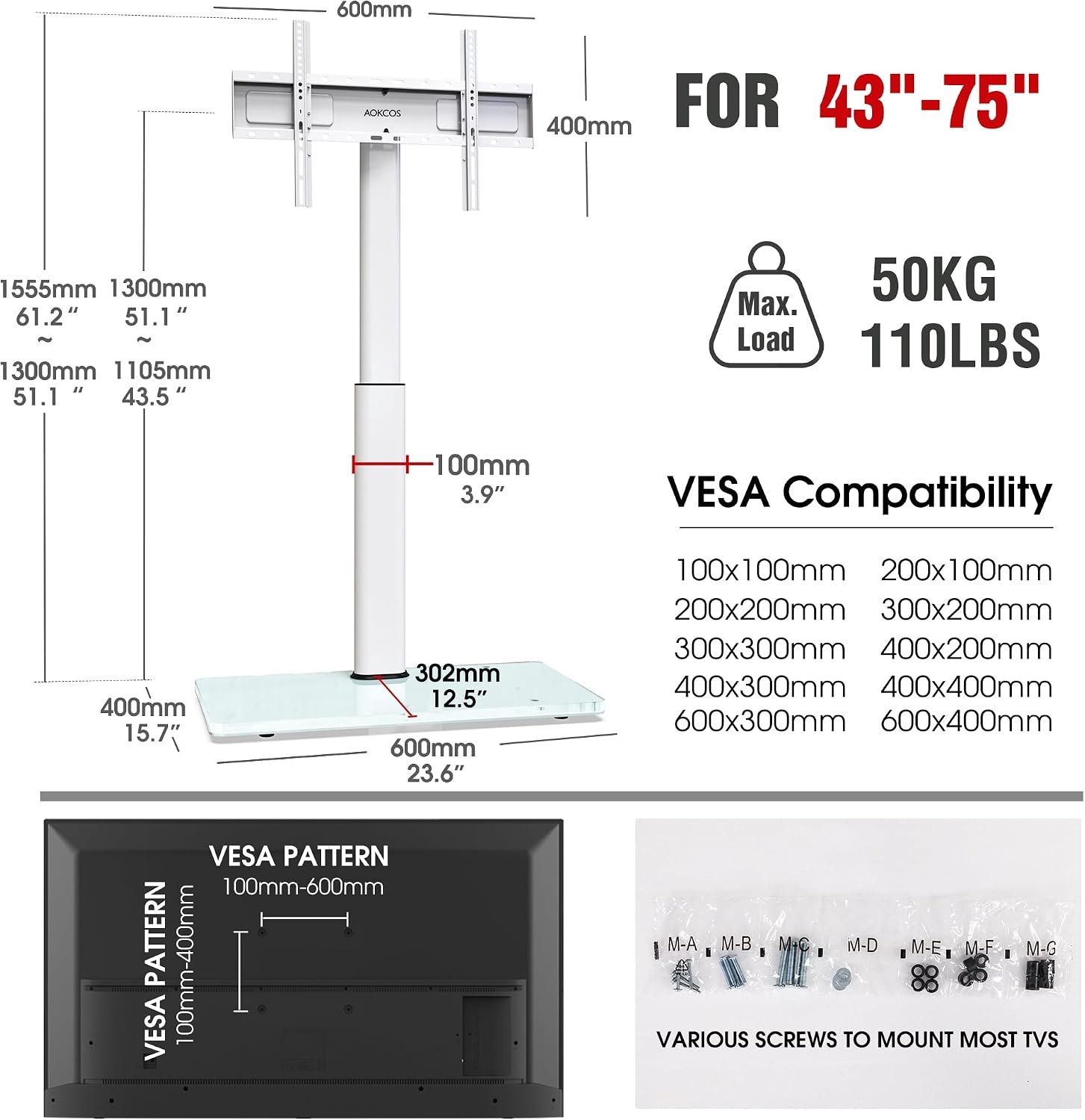 AOKCOS TV Standaard Vloer Draaibaar voor 42-55 65 75 85 inch, Kantelbaar Hoogte Verstelbaar TV Stand Mount, Universeel Vloerstandaard Hoog Max VESA 600x400mm 50kg