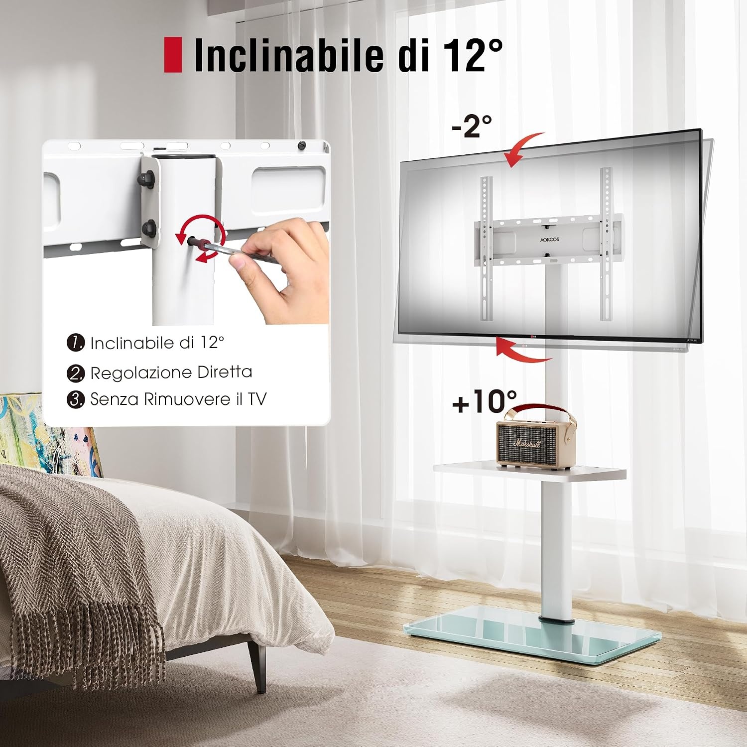 AOKCOS TV Standaard Vloer Draaibaar voor 32-55 65 inch TV, Kantelbaar Hoogte Verstelbaar TV Stand Mount, Universeel Vloerstandaard Hoog Max VESA 400x400mm 40kg Wit