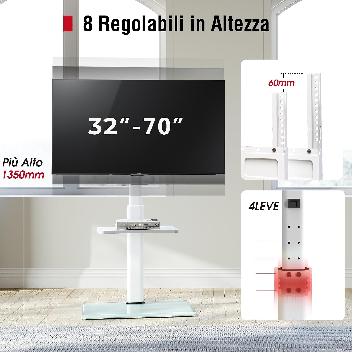 AOKCOS TV Standaard Vloer Draaibaar voor 32-55 65 inch TV, Kantelbaar Hoogte Verstelbaar TV Stand Mount, Universeel Vloerstandaard Hoog Max VESA 400x400mm 40kg Wit