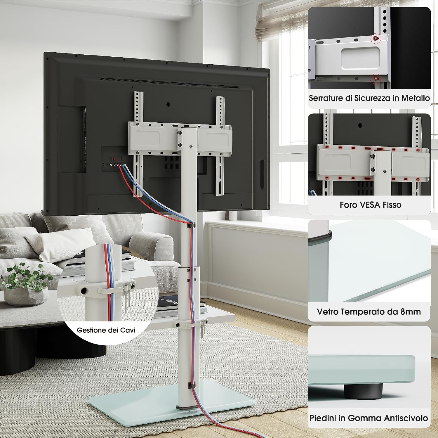 AOKCOS TV Standaard Vloer Draaibaar voor 32-55 65 inch TV, Kantelbaar Hoogte Verstelbaar TV Stand Mount, Universeel Vloerstandaard Hoog Max VESA 400x400mm 40kg Wit