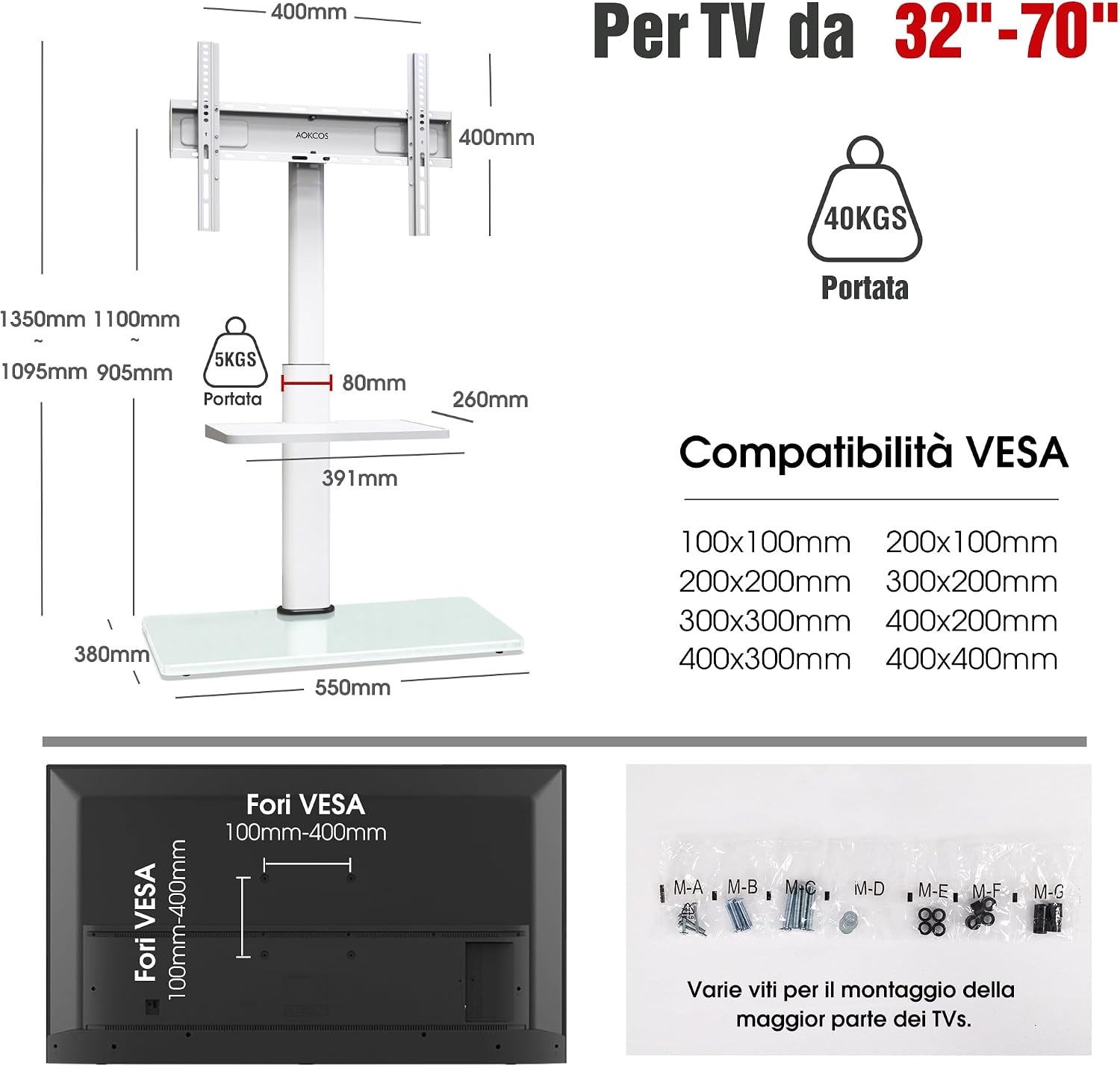 AOKCOS TV Standaard Vloer Draaibaar voor 32-55 65 inch TV, Kantelbaar Hoogte Verstelbaar TV Stand Mount, Universeel Vloerstandaard Hoog Max VESA 400x400mm 40kg Wit