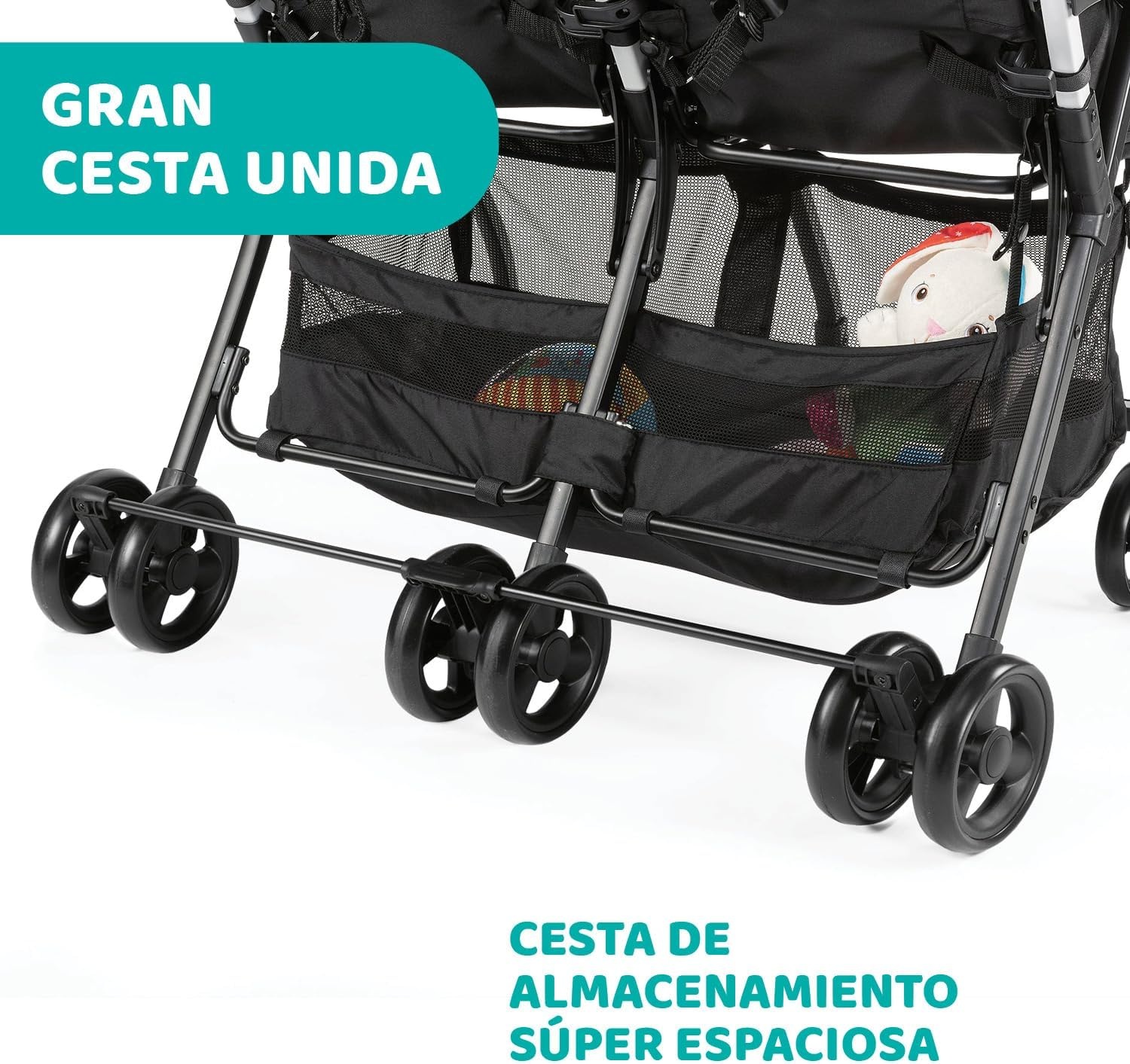 Chicco - Ohlala Twin Dubbele Buggy - Opvouwbare Duo-Kinderwagen - Ultralicht En Compact - Uitschuifbare Kap - Vanaf Geboorte Tot 15 kg - Black Night