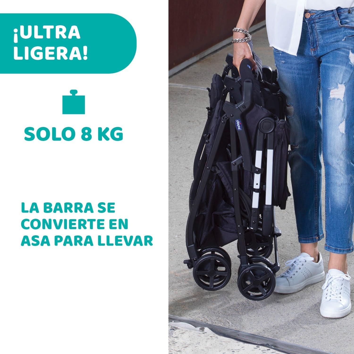 Chicco - Ohlala Twin Dubbele Buggy - Opvouwbare Duo-Kinderwagen - Ultralicht En Compact - Uitschuifbare Kap - Vanaf Geboorte Tot 15 kg - Black Night