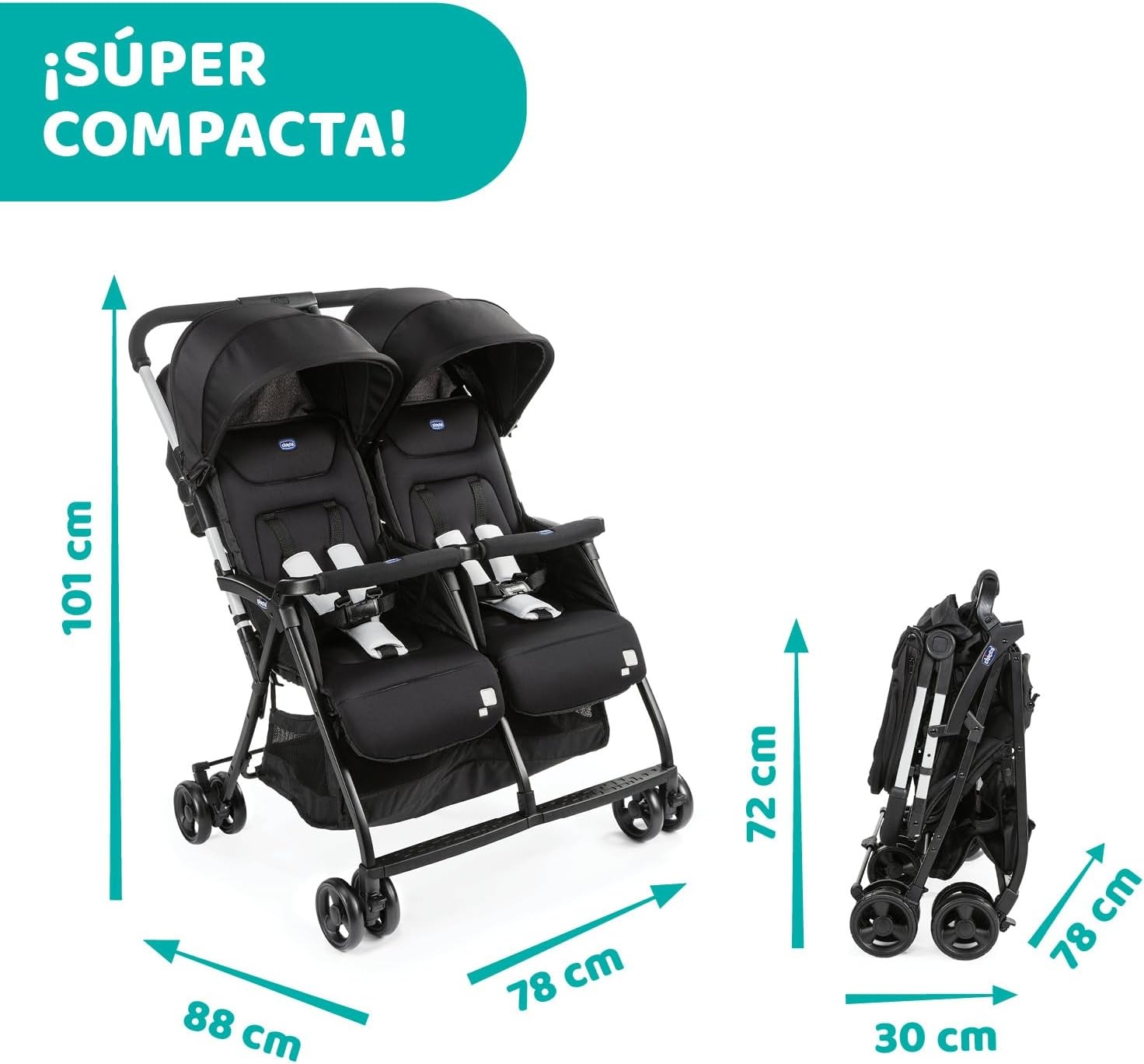 Chicco - Ohlala Twin Dubbele Buggy - Opvouwbare Duo-Kinderwagen - Ultralicht En Compact - Uitschuifbare Kap - Vanaf Geboorte Tot 15 kg - Black Night