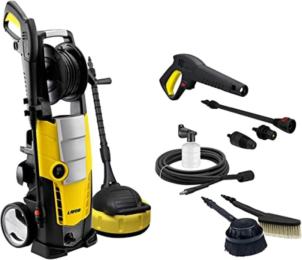 Lavor Galaxy 160 Hogedrukreiniger, 2500 watt, 160 bar max. 510 l/u, vaste borstel, roterende borstel, wasmachine, slang AP 8 meter, pistool, lans met Variojet- en turbo-mondstuk, geel/zwart