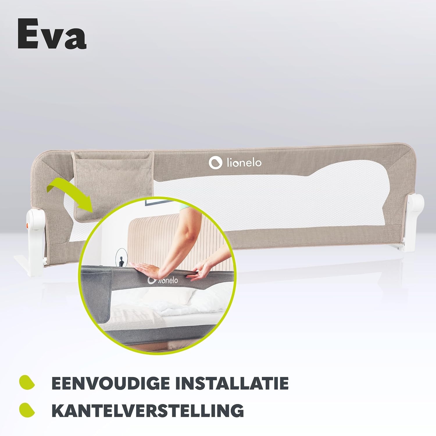 LIONELO Eva Bedhekje 150 x 42 cm – Veilig Bedhek met StandSafe Blokkade, Secure Belt Riemen – 180° Opvouwbaar – Duurzaam Aluminium Frame – Voor Baby, Peuters en Kinderen – Gemakkelijk te Monteren