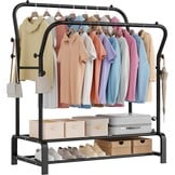 Kledingrek, stabiel, vrijstaande dubbele stangen, kledingstang met 8 haken en 2 schoenenrekken van metaal, multifunctionele kledingstandaard, perfecte kapstok voor slaapkamer, zwart