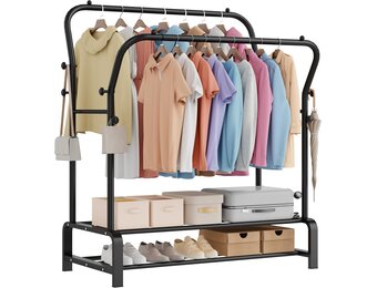 Kledingrek, stabiel, vrijstaande dubbele stangen, kledingstang met 8 haken en 2 schoenenrekken van metaal, multifunctionele kledingstandaard, perfecte kapstok voor slaapkamer, zwart