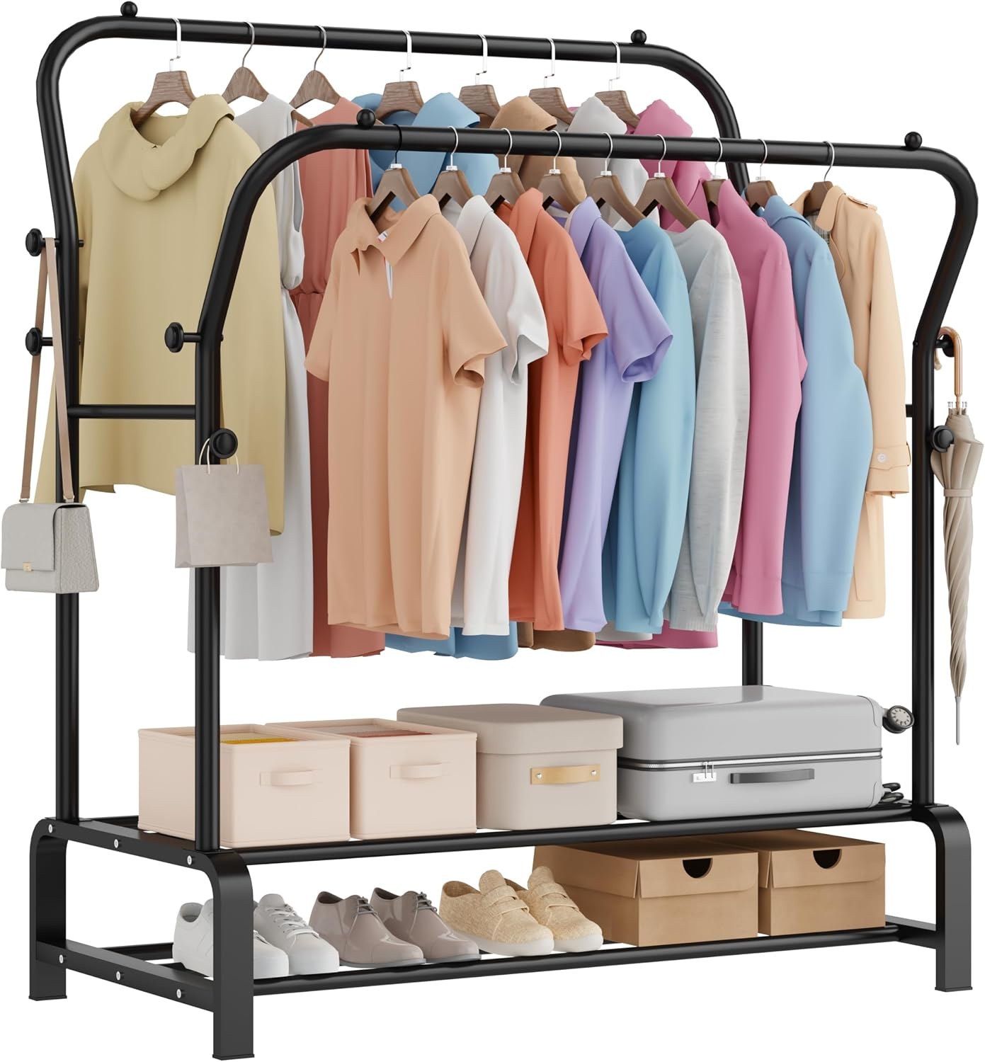 Kledingrek, stabiel, vrijstaande dubbele stangen, kledingstang met 8 haken en 2 schoenenrekken van metaal, multifunctionele kledingstandaard, perfecte kapstok voor slaapkamer, zwart