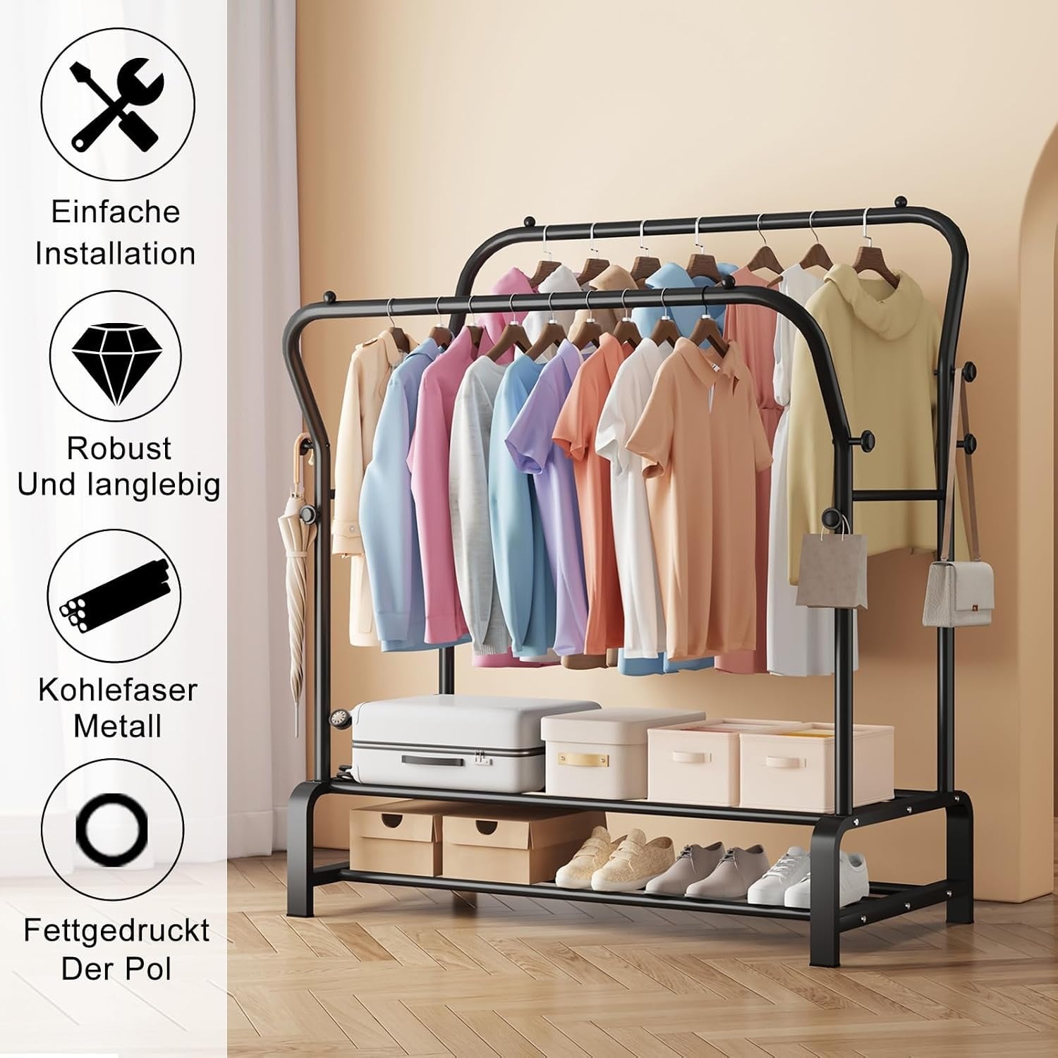 Kledingrek, stabiel, vrijstaande dubbele stangen, kledingstang met 8 haken en 2 schoenenrekken van metaal, multifunctionele kledingstandaard, perfecte kapstok voor slaapkamer, zwart