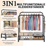 Kledingrek, stabiel, vrijstaande dubbele stangen, kledingstang met 8 haken en 2 schoenenrekken van metaal, multifunctionele kledingstandaard, perfecte kapstok voor slaapkamer, zwart