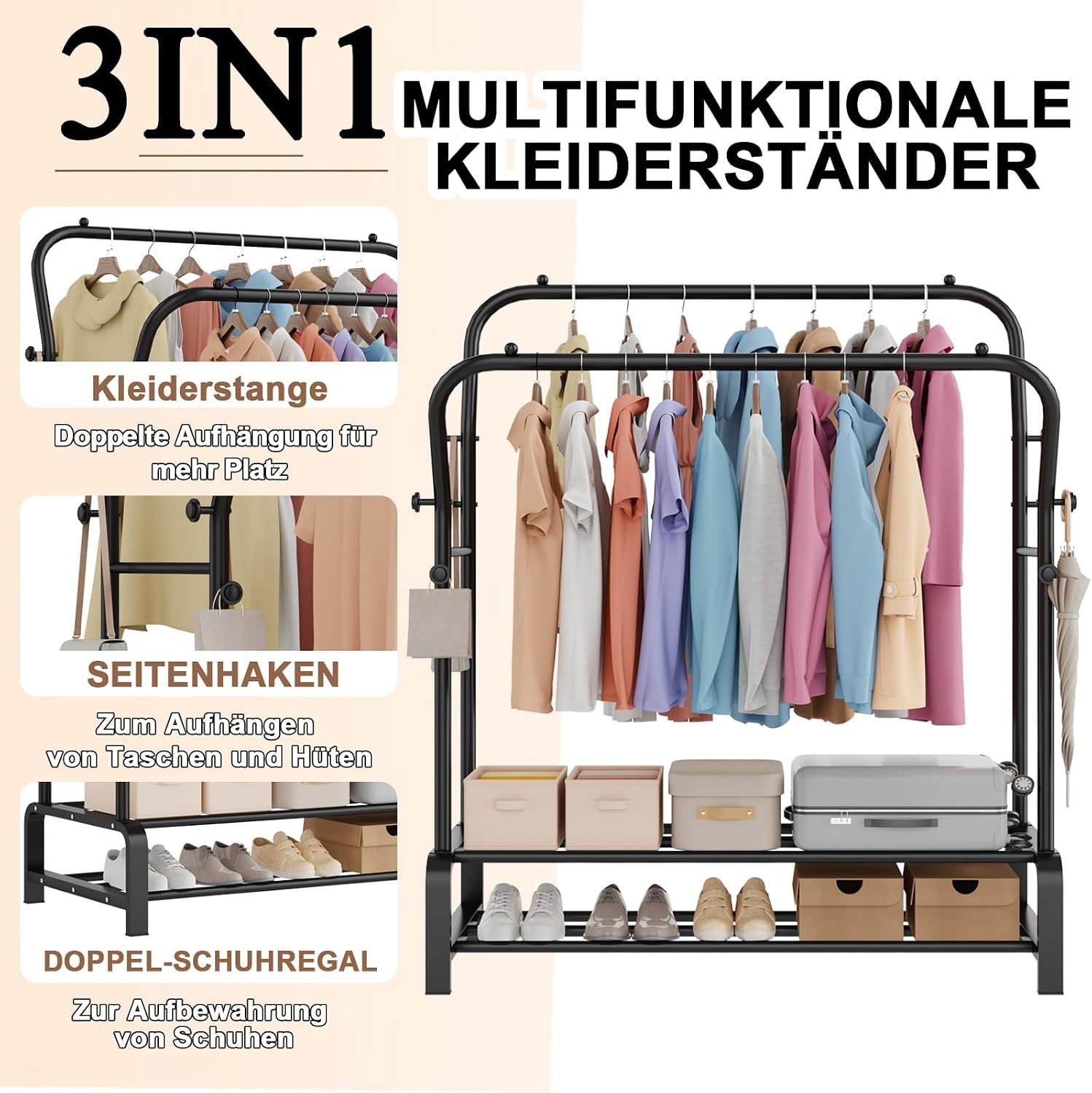 Kledingrek, stabiel, vrijstaande dubbele stangen, kledingstang met 8 haken en 2 schoenenrekken van metaal, multifunctionele kledingstandaard, perfecte kapstok voor slaapkamer, zwart