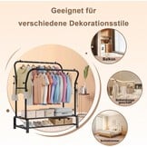 Kledingrek, stabiel, vrijstaande dubbele stangen, kledingstang met 8 haken en 2 schoenenrekken van metaal, multifunctionele kledingstandaard, perfecte kapstok voor slaapkamer, zwart