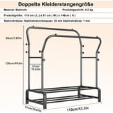Kledingrek, stabiel, vrijstaande dubbele stangen, kledingstang met 8 haken en 2 schoenenrekken van metaal, multifunctionele kledingstandaard, perfecte kapstok voor slaapkamer, zwart