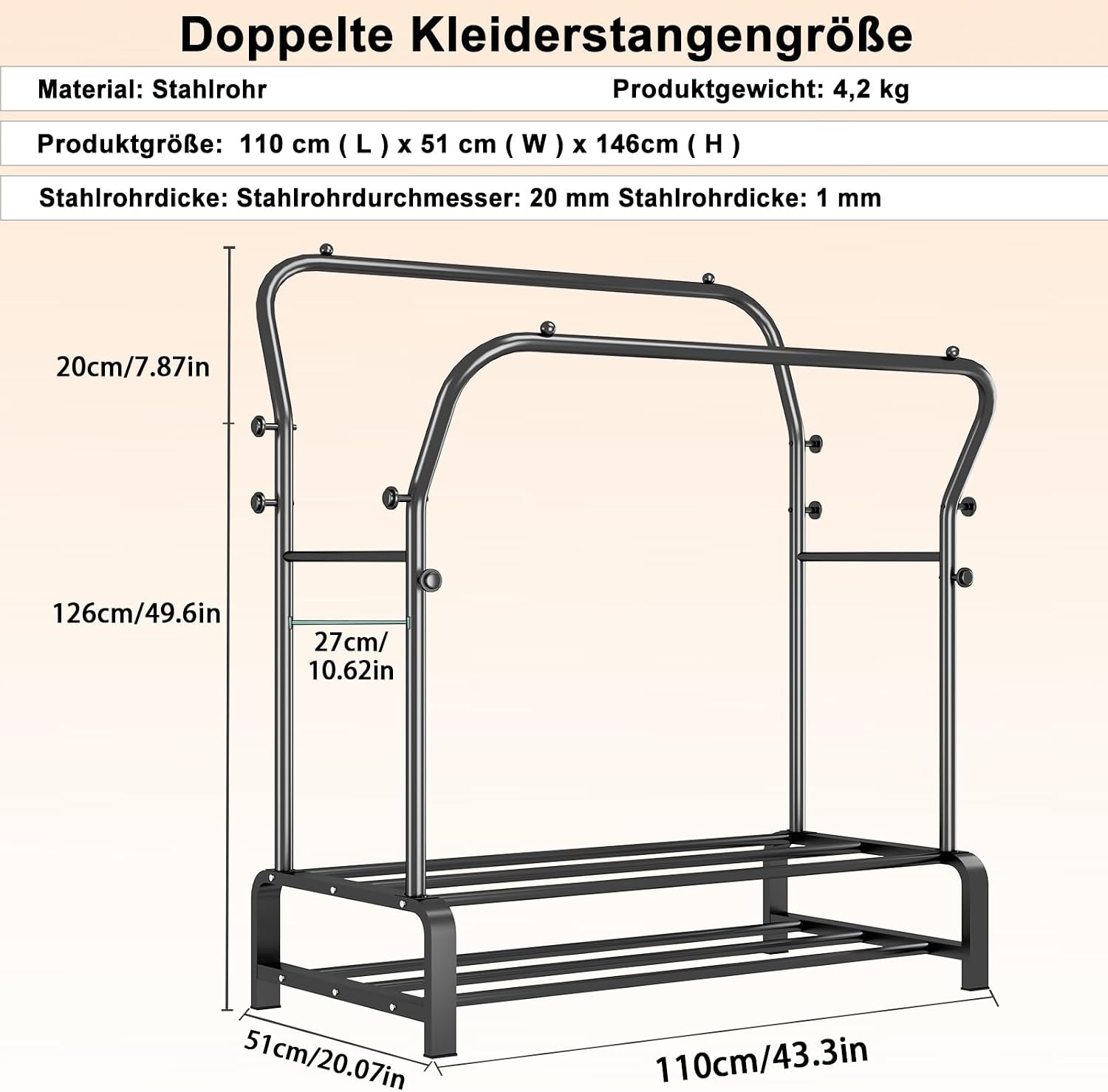 Kledingrek, stabiel, vrijstaande dubbele stangen, kledingstang met 8 haken en 2 schoenenrekken van metaal, multifunctionele kledingstandaard, perfecte kapstok voor slaapkamer, zwart