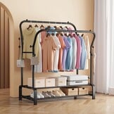 Kledingrek, stabiel, vrijstaande dubbele stangen, kledingstang met 8 haken en 2 schoenenrekken van metaal, multifunctionele kledingstandaard, perfecte kapstok voor slaapkamer, zwart