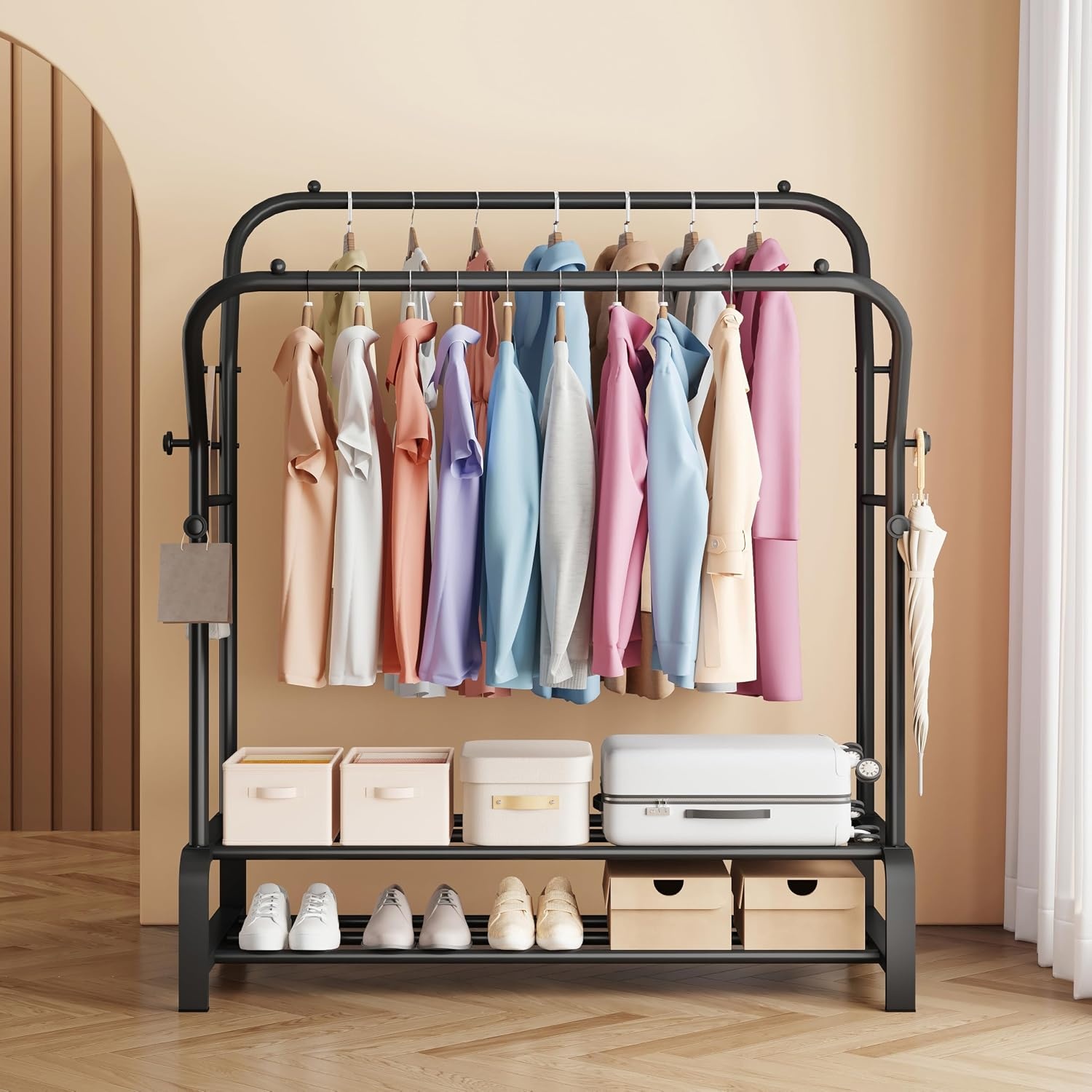 Kledingrek, stabiel, vrijstaande dubbele stangen, kledingstang met 8 haken en 2 schoenenrekken van metaal, multifunctionele kledingstandaard, perfecte kapstok voor slaapkamer, zwart