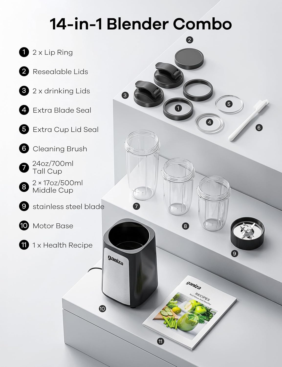 Ganiza Mixer, 900 W mini smoothiemaker, blender met 3 draagbare mixbekers (2 x 500 ml & 1 x 700 ml), vierlemmetmes van roestvrij staal, BPA-vrij, gemakkelijk te reinigen, blender elektrisch voor shake