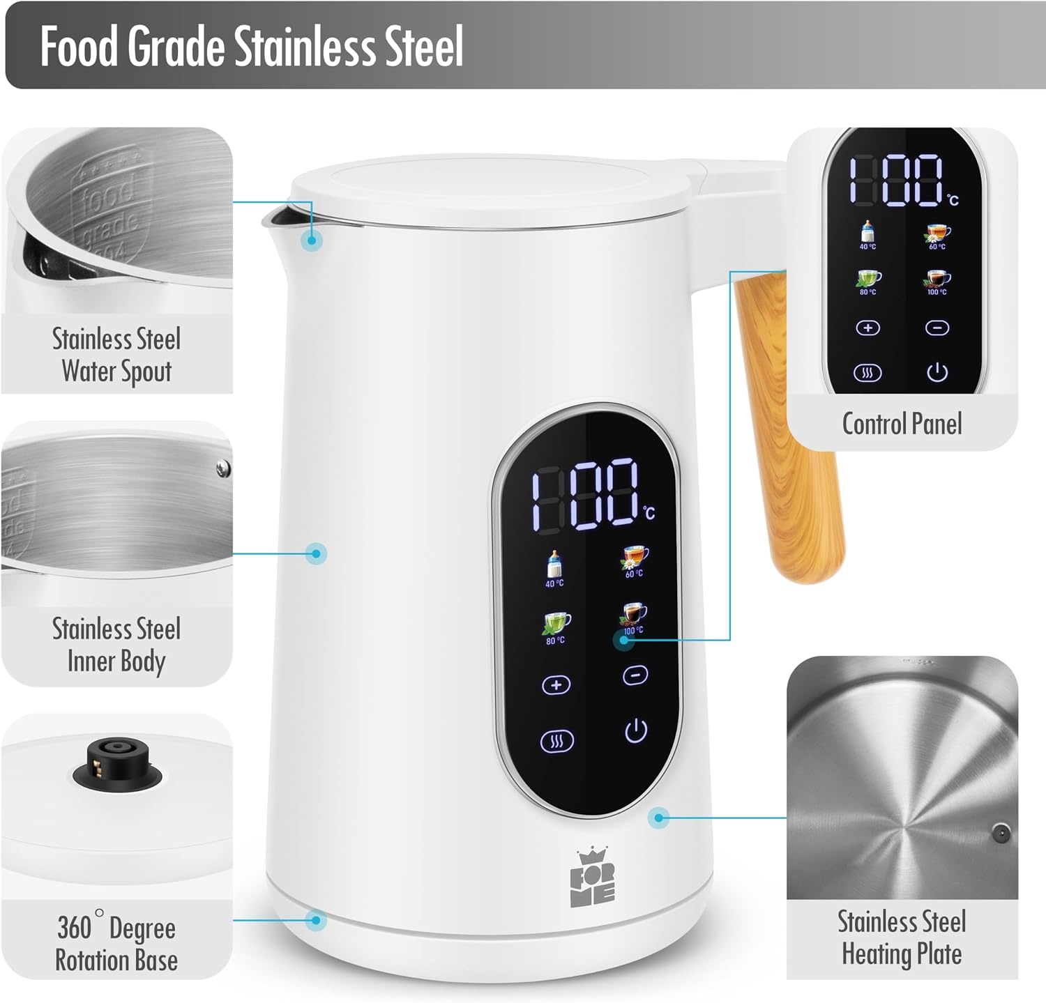 ForMe Waterkoker 1,7 liter - Wit - Instelbare temperatuur 40-100°C - Digitaal display