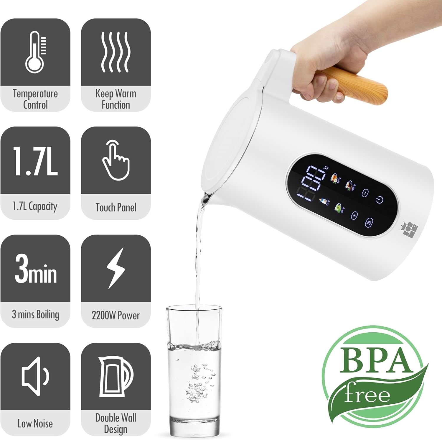 ForMe Waterkoker 1,7 liter - Wit - Instelbare temperatuur 40-100°C - Digitaal display