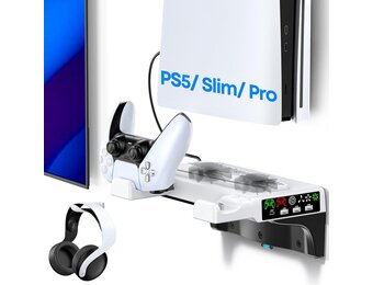 PS5 Wandmontagekit met koelventilator en laadstation, PS5-plank zwevende houder voor PlayStation 5/Slim/Pro Slim Disc & Digitale console, PS 5 muurbeugel achter tv, PS Five Pro-accessoires