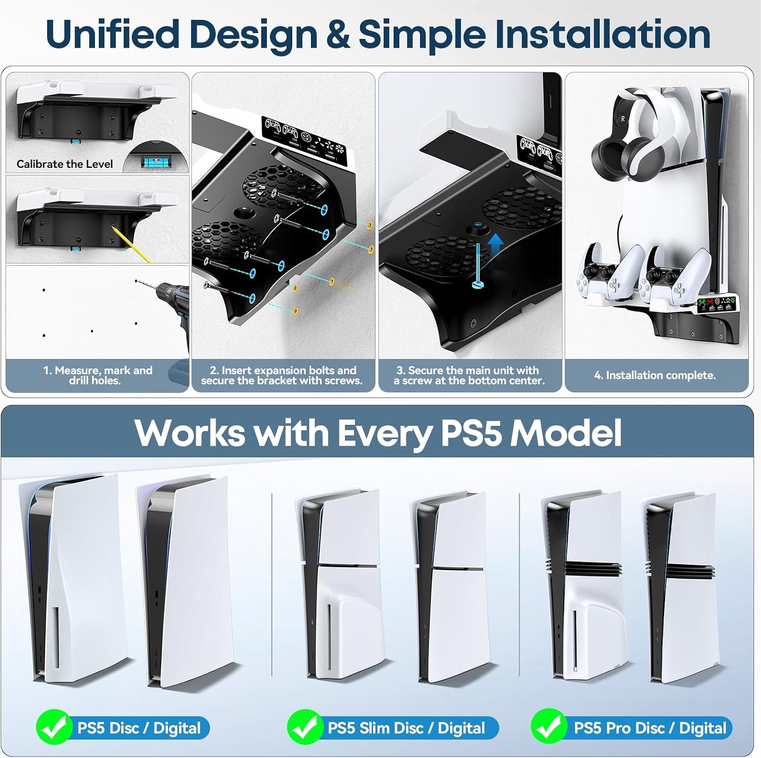 PS5 Wandmontagekit met koelventilator en laadstation, PS5-plank zwevende houder voor PlayStation 5/Slim/Pro Slim Disc & Digitale console, PS 5 muurbeugel achter tv, PS Five Pro-accessoires