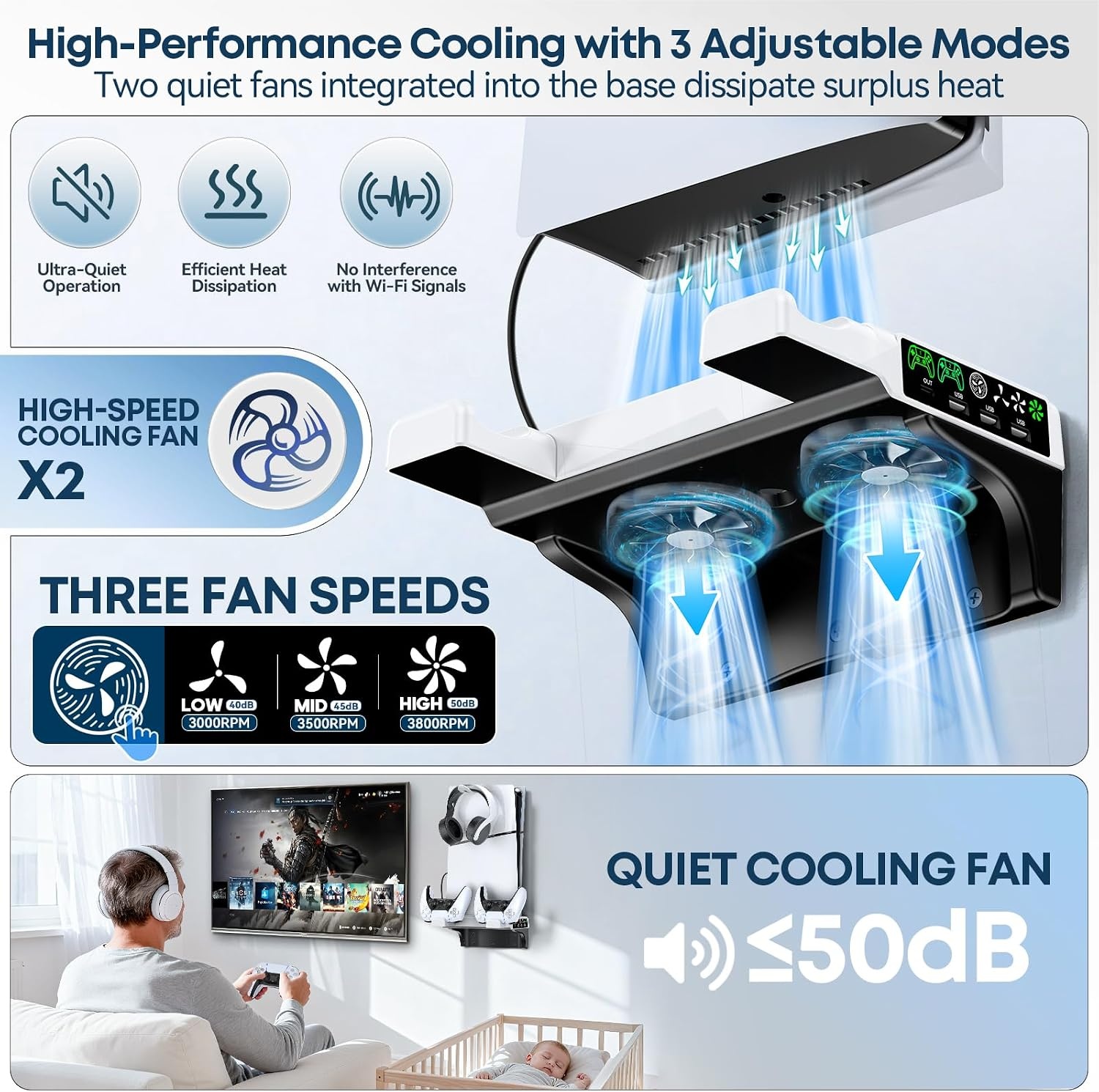 PS5 Wandmontagekit met koelventilator en laadstation, PS5-plank zwevende houder voor PlayStation 5/Slim/Pro Slim Disc & Digitale console, PS 5 muurbeugel achter tv, PS Five Pro-accessoires