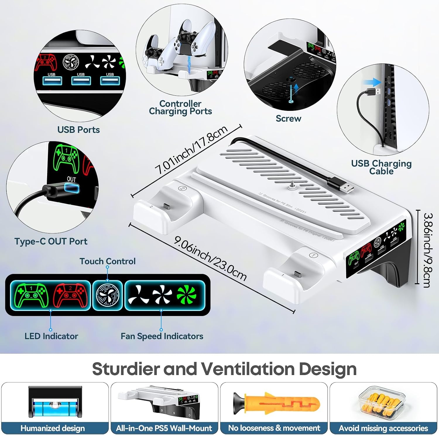 PS5 Wandmontagekit met koelventilator en laadstation, PS5-plank zwevende houder voor PlayStation 5/Slim/Pro Slim Disc & Digitale console, PS 5 muurbeugel achter tv, PS Five Pro-accessoires