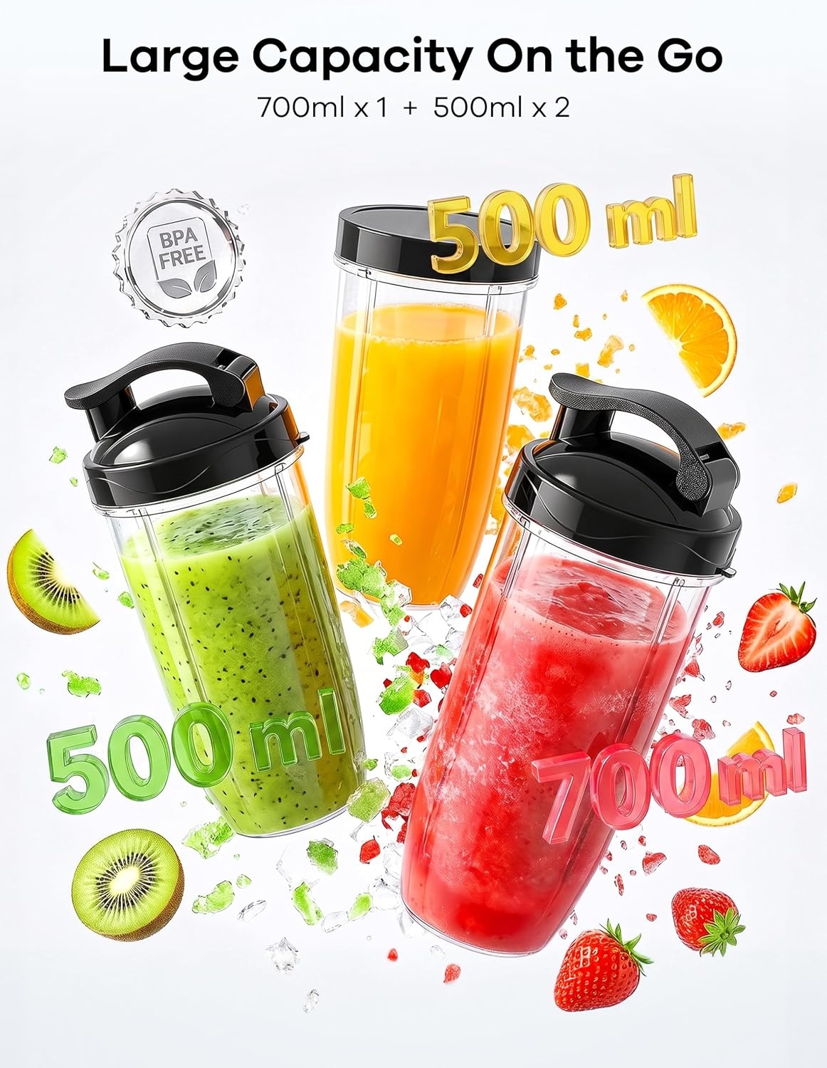 Ganiza Mixer, 900 W mini smoothiemaker, blender met 3 draagbare mixbekers (2 x 500 ml & 1 x 700 ml), vierlemmetmes van roestvrij staal, BPA-vrij, gemakkelijk te reinigen, blender elektrisch voor shake