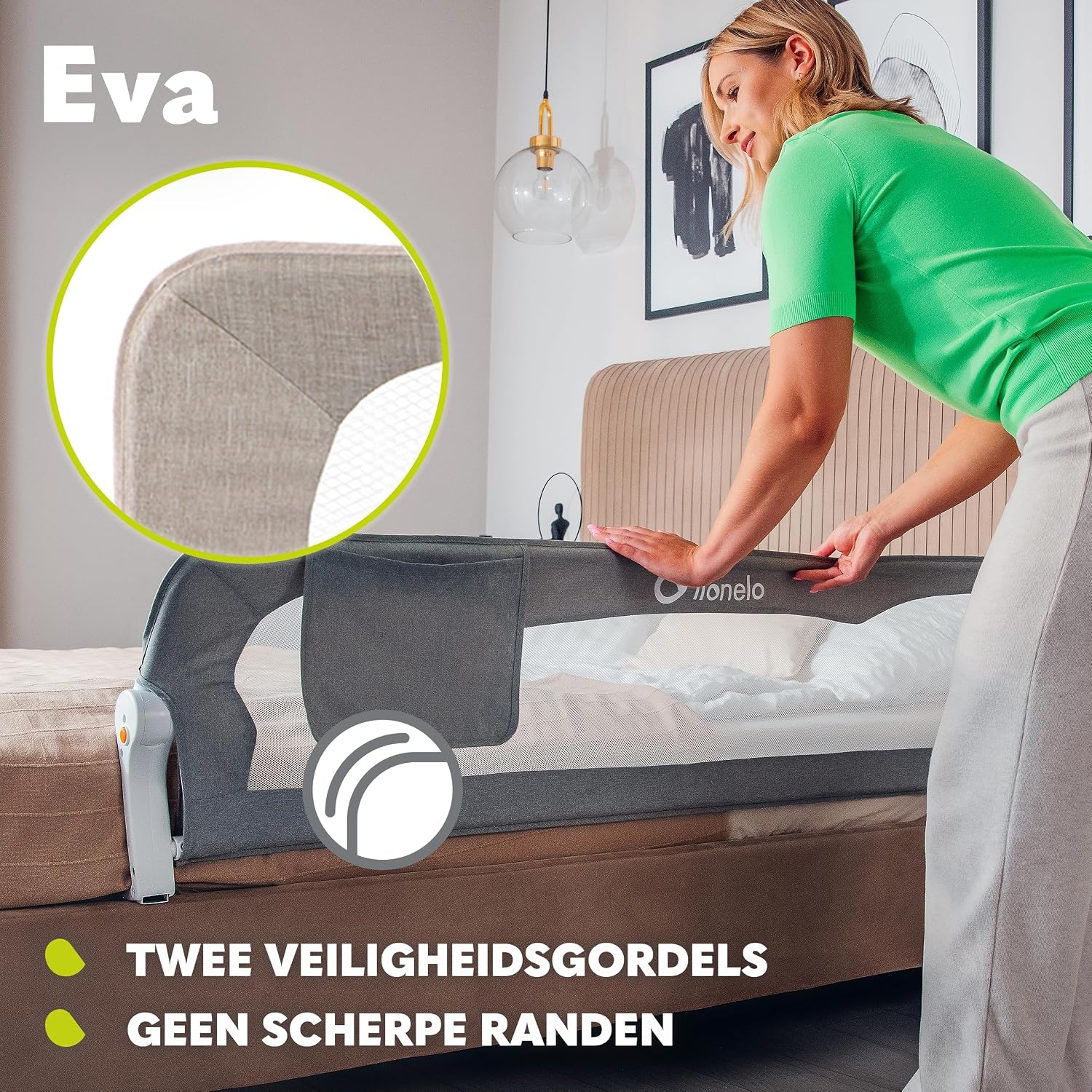 LIONELO Eva Bedhekje 150 x 42 cm – Veilig Bedhek met StandSafe Blokkade, Secure Belt Riemen – 180° Opvouwbaar – Duurzaam Aluminium Frame – Voor Baby, Peuters en Kinderen – Gemakkelijk te Monteren