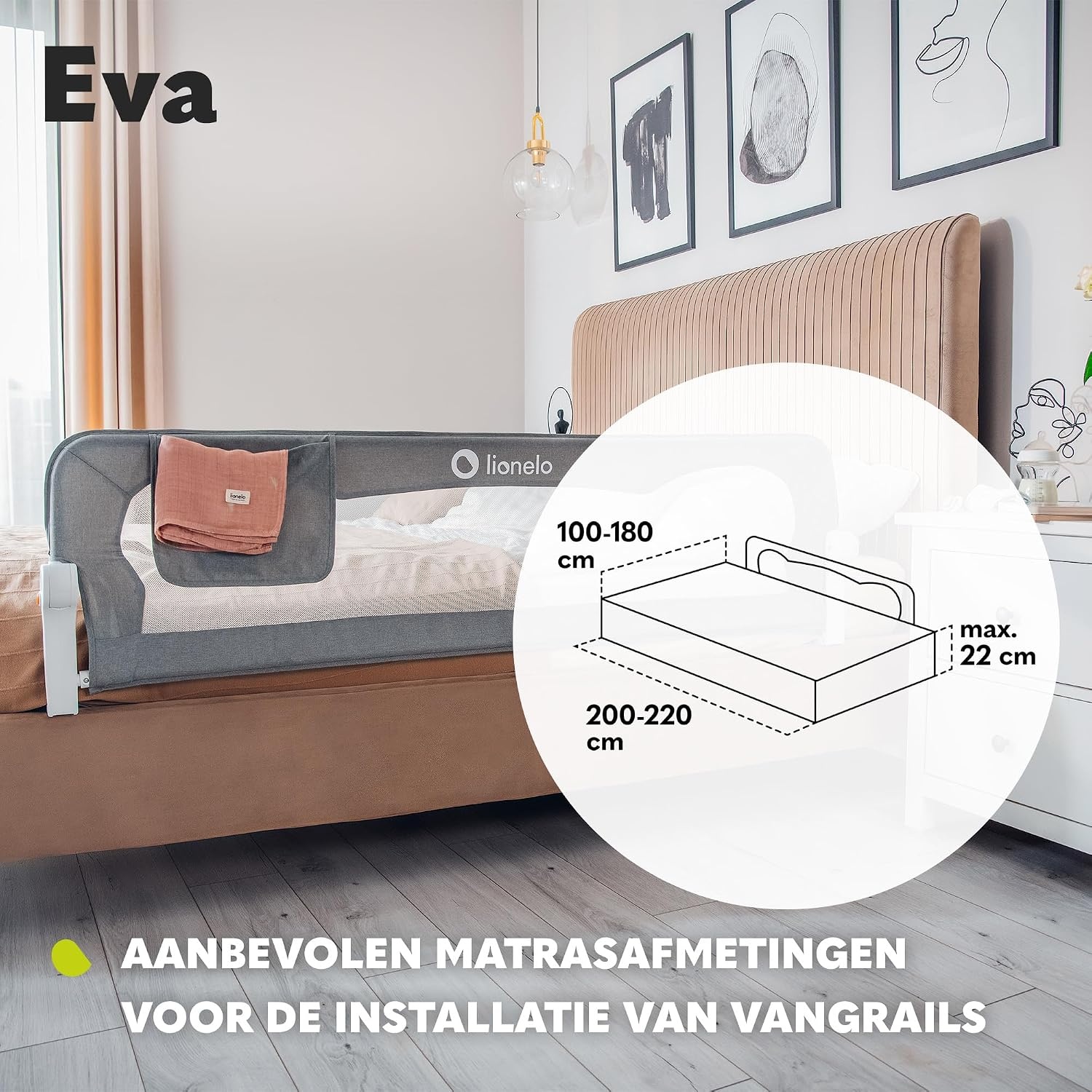 LIONELO Eva Bedhekje 150 x 42 cm – Veilig Bedhek met StandSafe Blokkade, Secure Belt Riemen – 180° Opvouwbaar – Duurzaam Aluminium Frame – Voor Baby, Peuters en Kinderen – Gemakkelijk te Monteren