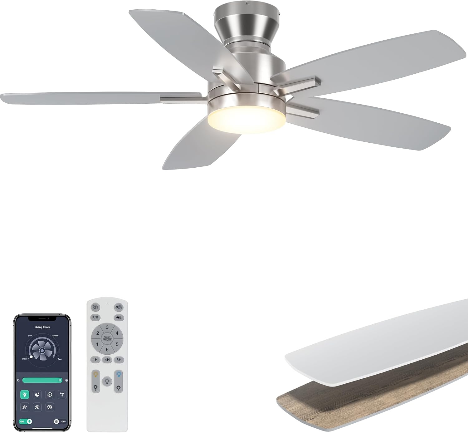 Ohniyou Plafondventilator met verlichting 42 inch - Zilver - Inclusief Afstandsbediening en App-bediening