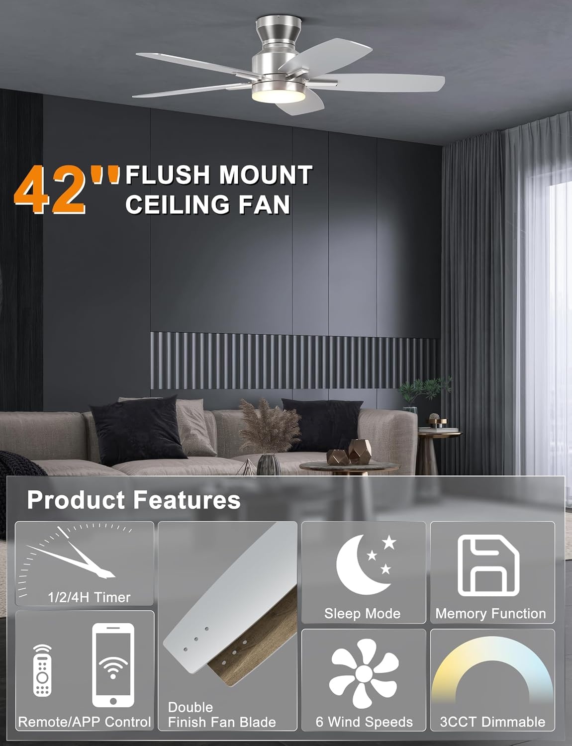 Ohniyou Plafondventilator met verlichting 42 inch - Zilver - Inclusief Afstandsbediening en App-bediening