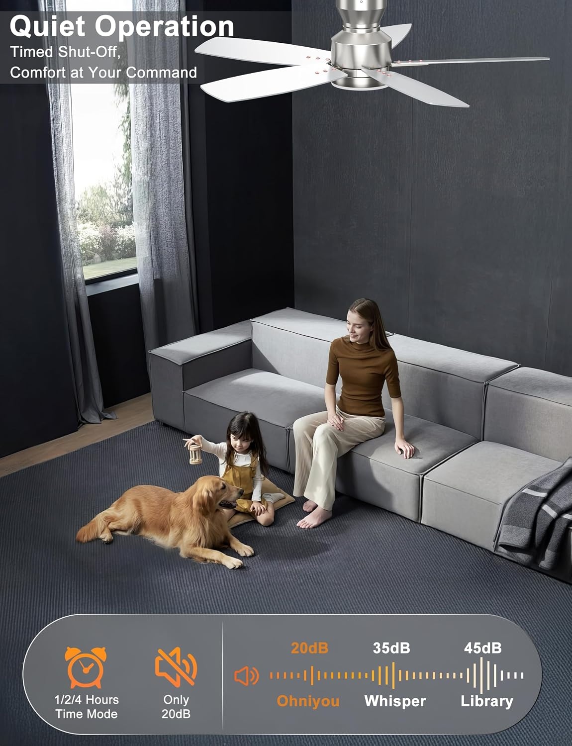 Ohniyou Plafondventilator met verlichting 42 inch - Zilver - Inclusief Afstandsbediening en App-bediening