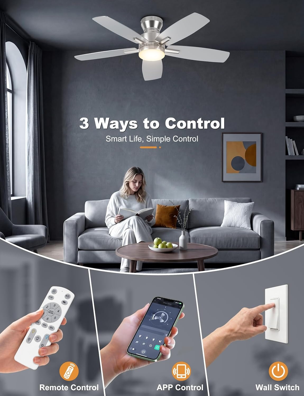 Ohniyou Plafondventilator met verlichting 42 inch - Zilver - Inclusief Afstandsbediening en App-bediening