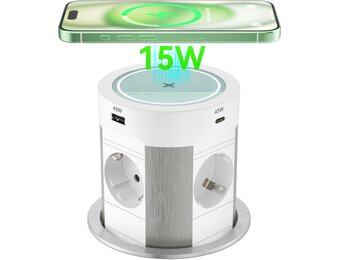 HANNELORE Inbouw stekkerdoos uitschuifbaar - 4 stopcontacten - USB-C 75W - Draadloos opladen - Wit