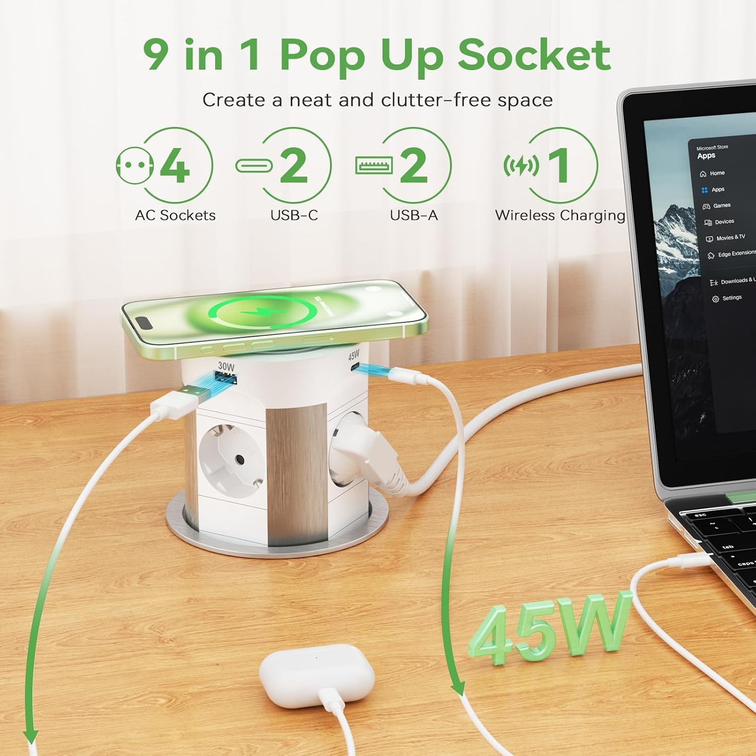 HANNELORE Inbouw stekkerdoos uitschuifbaar - 4 stopcontacten - USB-C 75W - Draadloos opladen - Wit