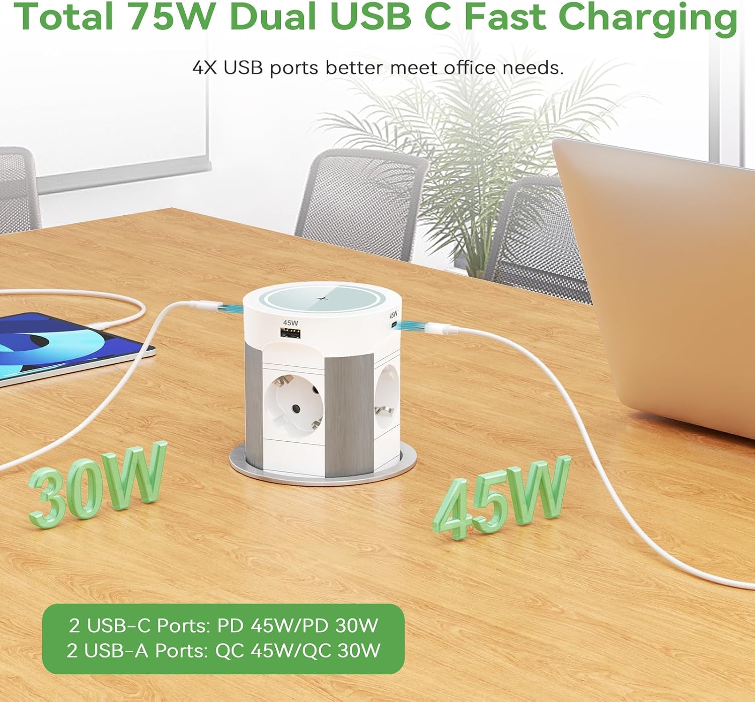 HANNELORE Inbouw stekkerdoos uitschuifbaar - 4 stopcontacten - USB-C 75W - Draadloos opladen - Wit