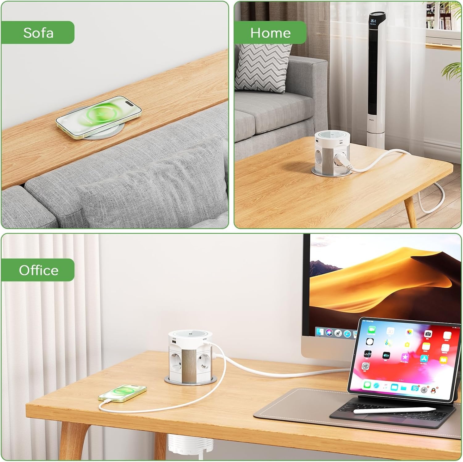 HANNELORE Inbouw stekkerdoos uitschuifbaar - 4 stopcontacten - USB-C 75W - Draadloos opladen - Wit